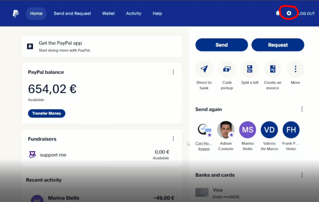 PayPal settings page with the gear icon at the top right